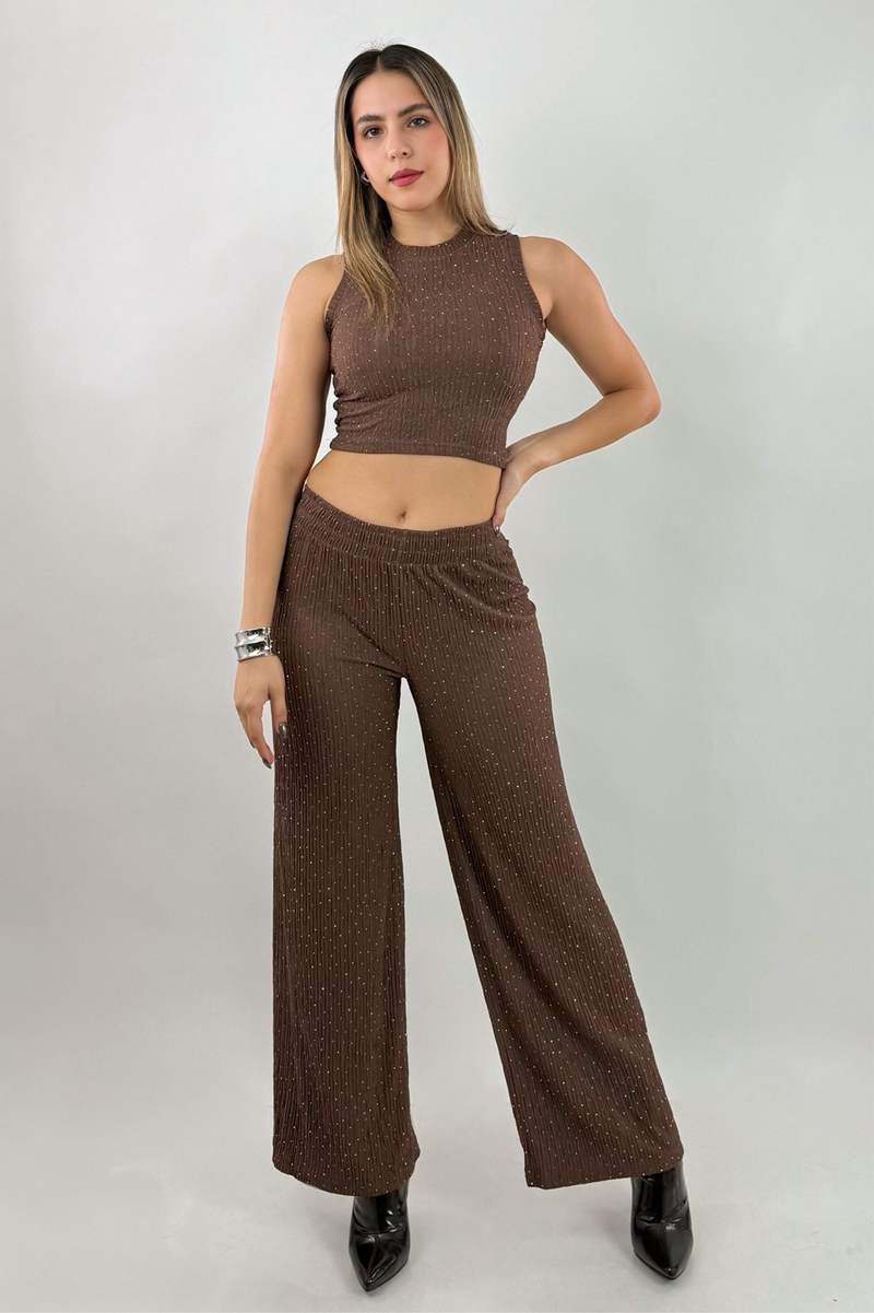 Set Crop Top y Pantalon Rhinestone Cafe
