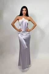 Vestido Halter Satinado Encaje Lavanda