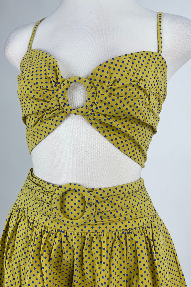 Set Falda y Crop Top Amarillo Con Lunares Azules