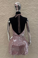 Vestido Halter Lentejuela Rosa