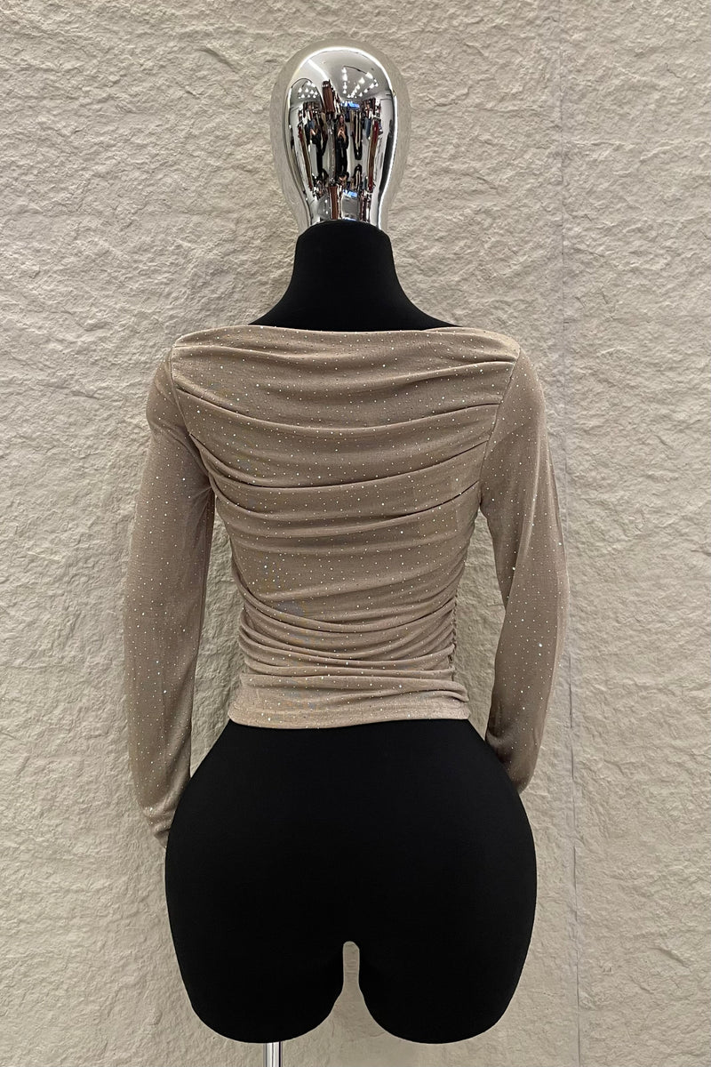 Blusa Rhinestone Ruched Beige