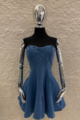 Vestido Strapless Volado Denim
