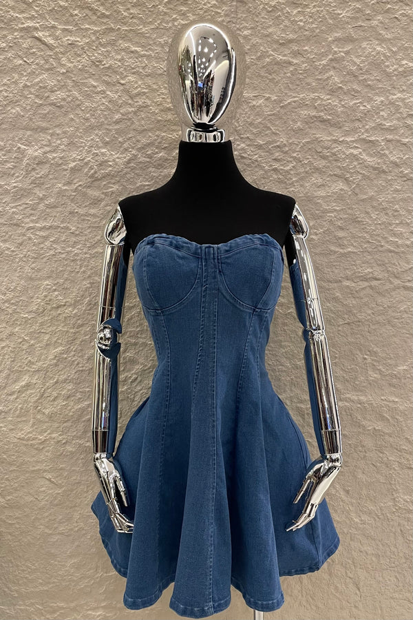 Vestido Strapless Volado Denim