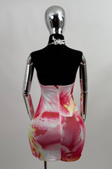 Vestido Corto Mesh Estampado Floreado Rosa