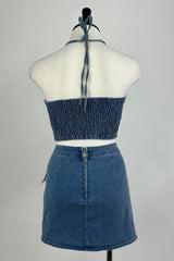 Falda Denim Con Olan y Flor