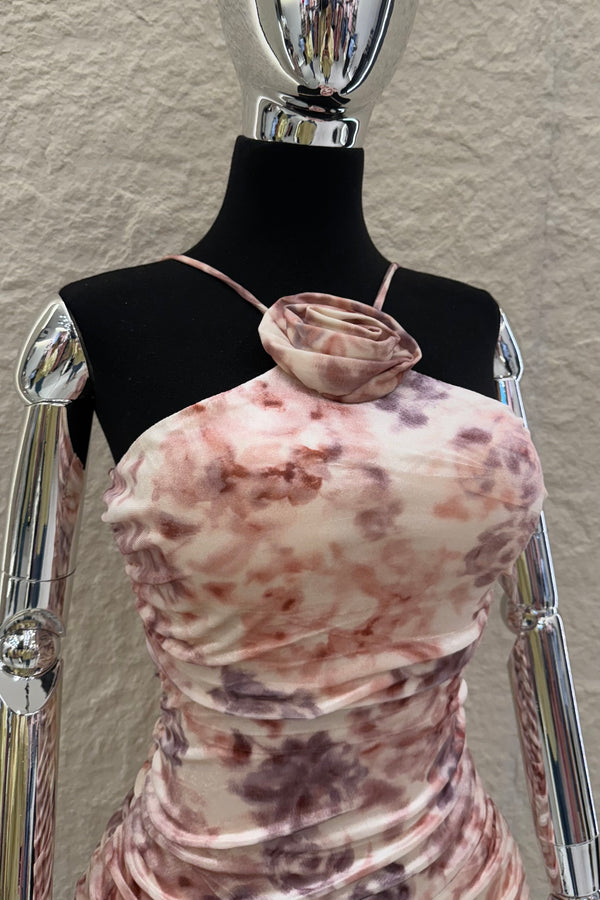 Vestido Corrugado App de Flor Rosa