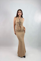 Set Top y Maxi Falda Texturizado Khaki