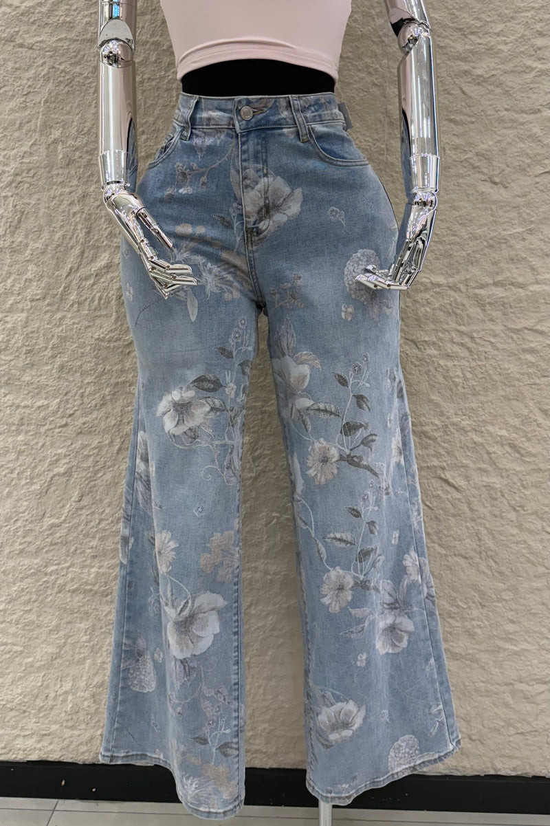 Pantalon Denim Estampado de Flores
