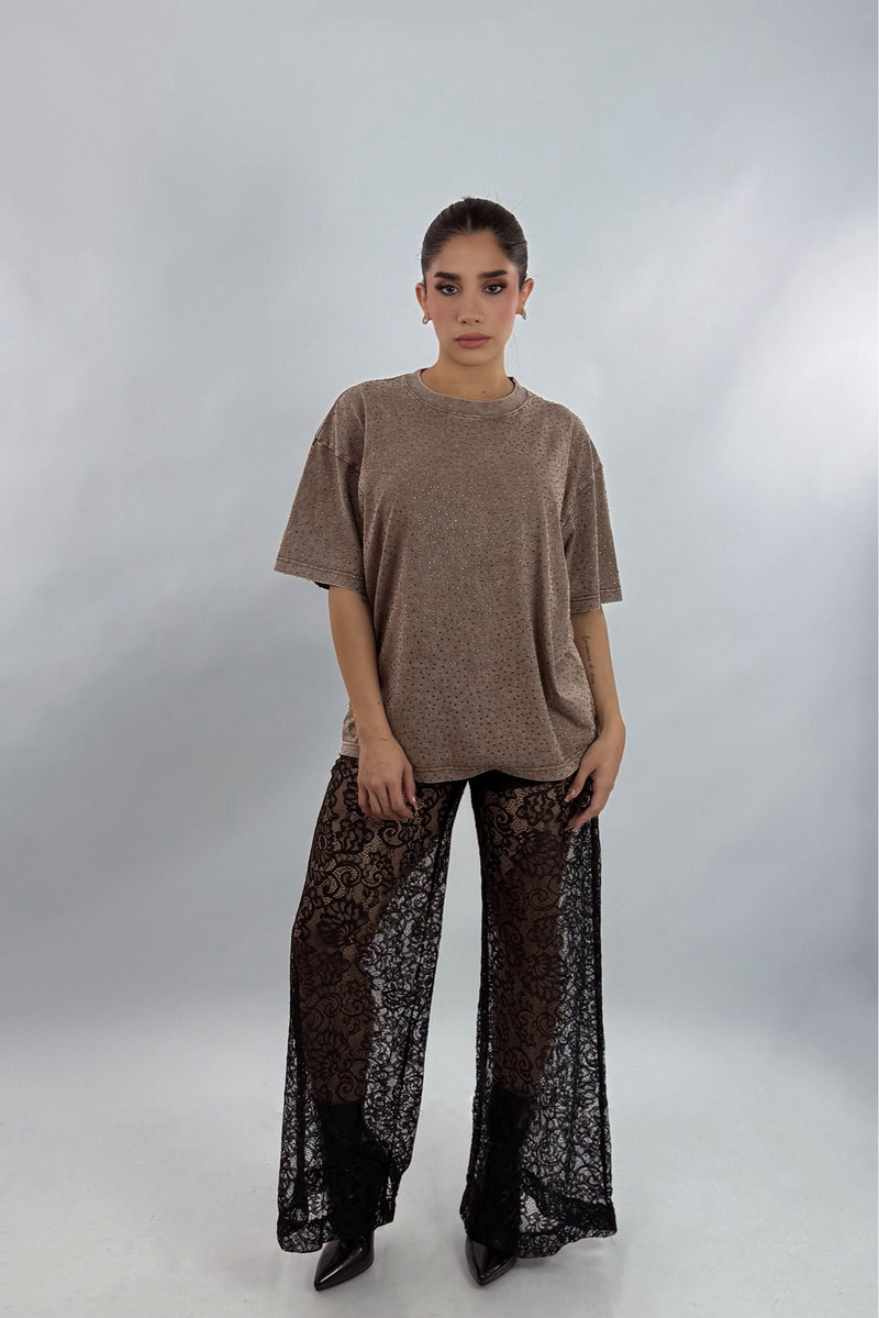 Playera Oversize Rhinestone Cafe
