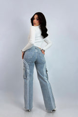 Pantalon Denim Cargo con Lineas Blancas