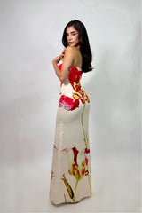 Vestido Largo Satinado Floral Beige