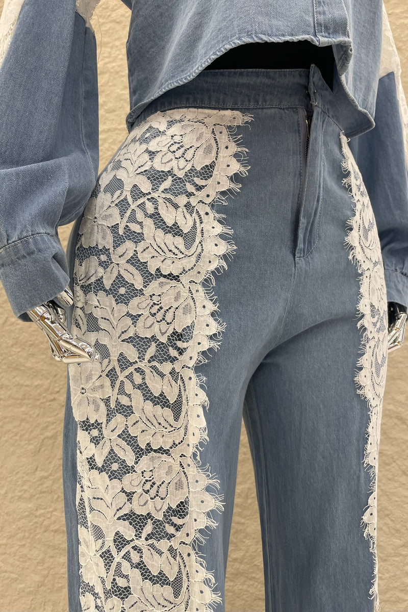 Pantalon Denim Con Encaje Blanco