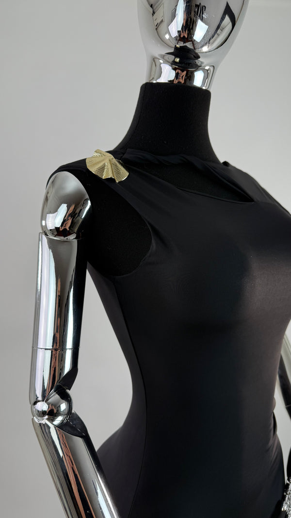 Vestido Largo App de Flor Dorada Negro