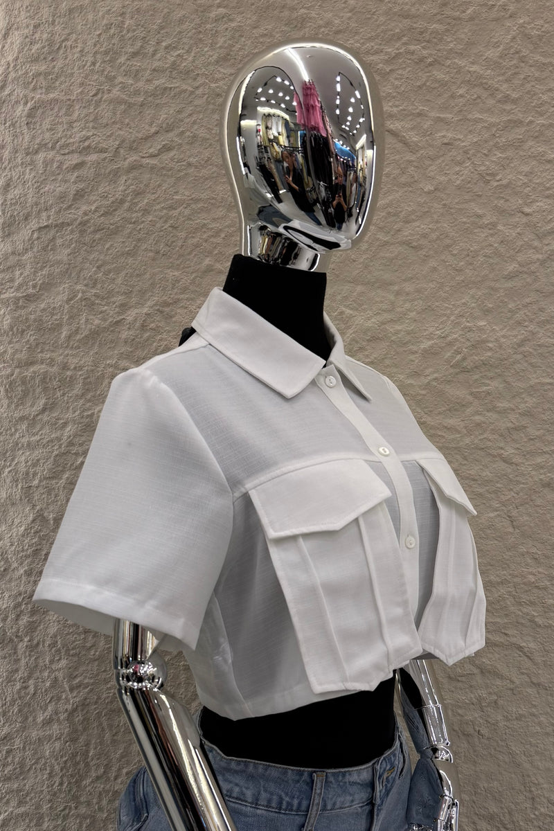 Camisa Manga Corta App de Bolsas Blanca