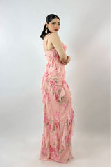 Vestido Largo Olanes Floreado Rosa