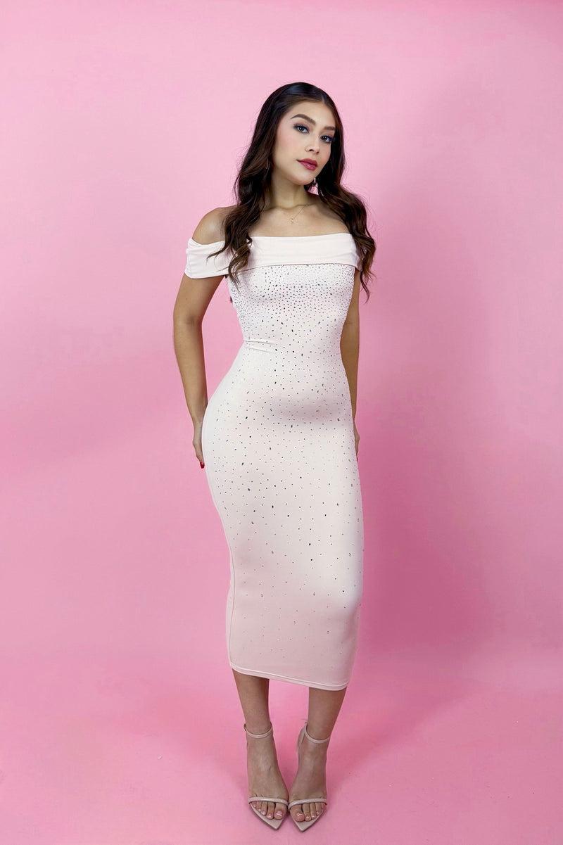 Vestido Off Shoulder Rhinestone Rosa