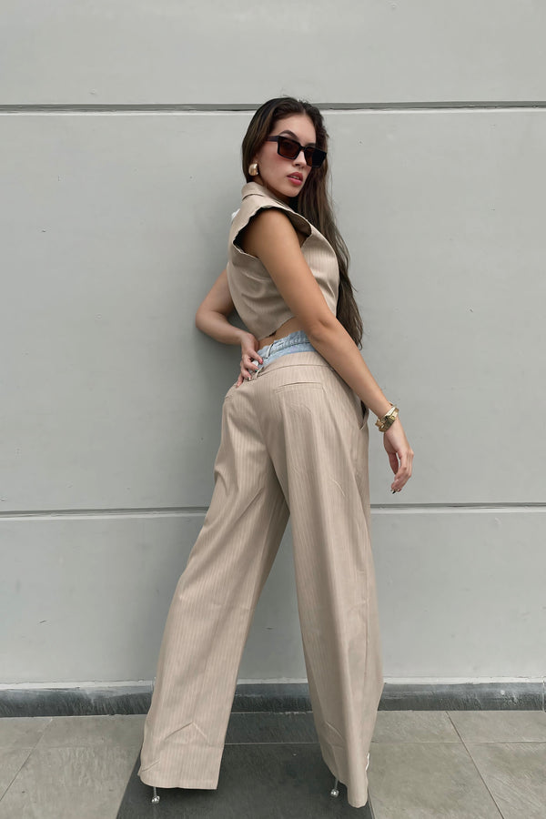 Pantalon Pretina de Mezclilla Beige