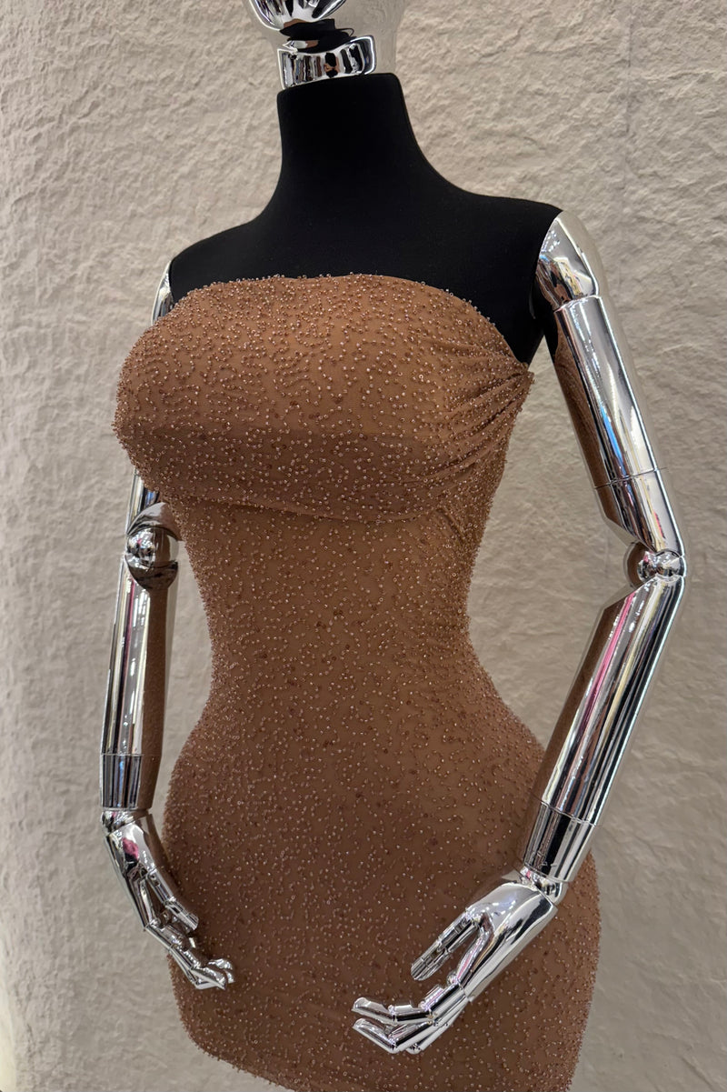 Vestido Strapples Rhinestone Mocha