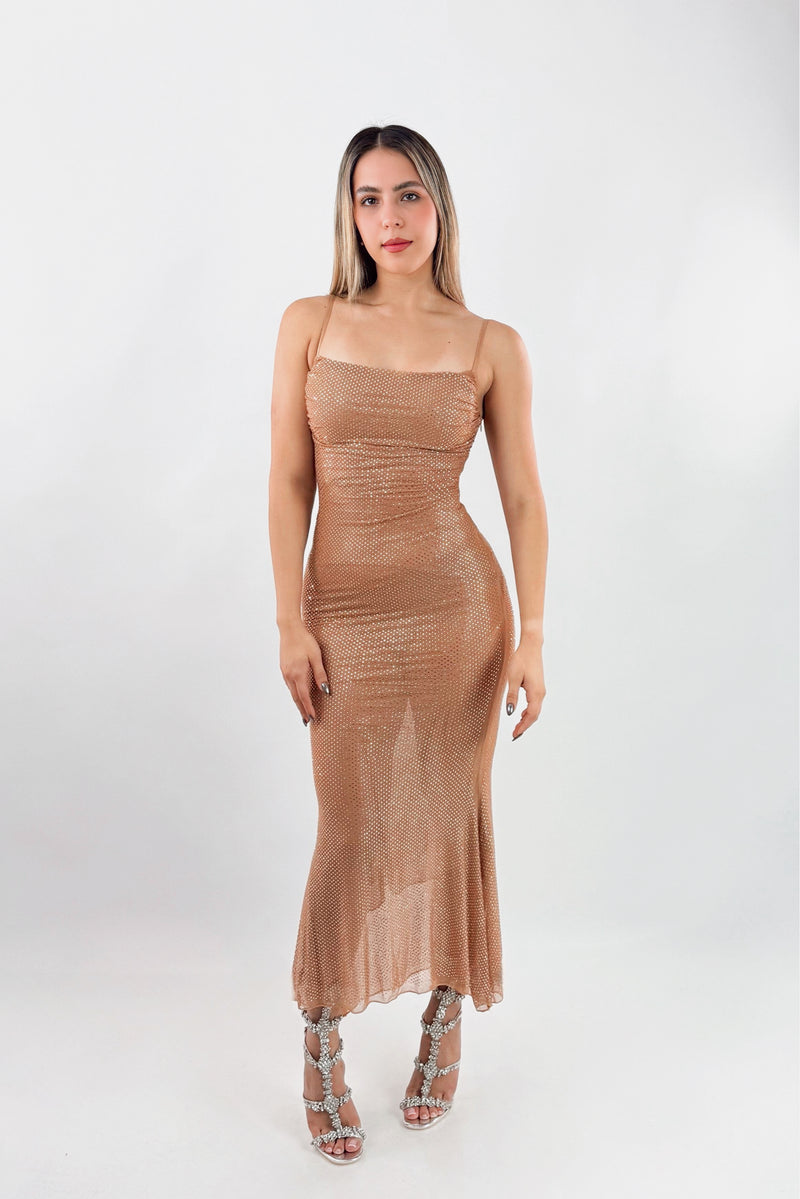 Vestido Rhinestone Escote Corrugado Camel