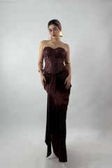 Vestido Brillos Corset largo Cafe