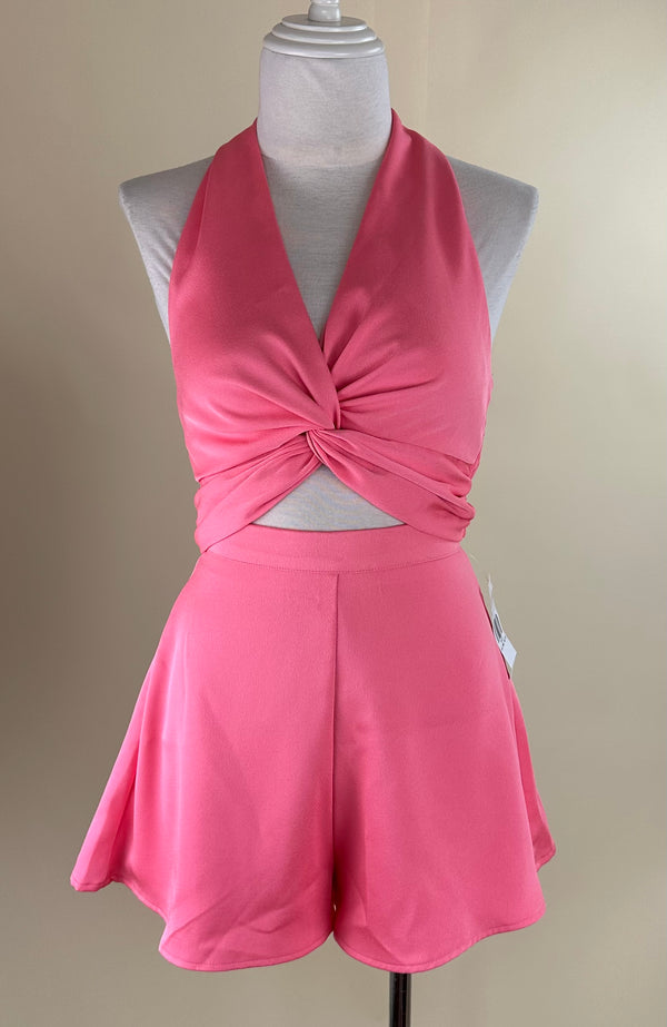 CropTop Halter Con Nudo Rosa