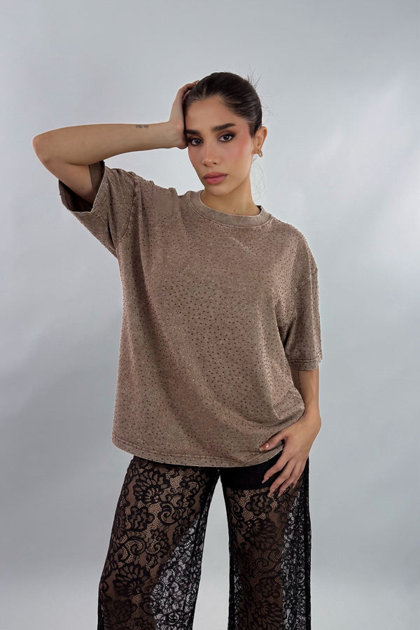 Playera Oversize Rhinestone Cafe