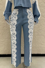 Pantalon Denim Con Encaje Blanco