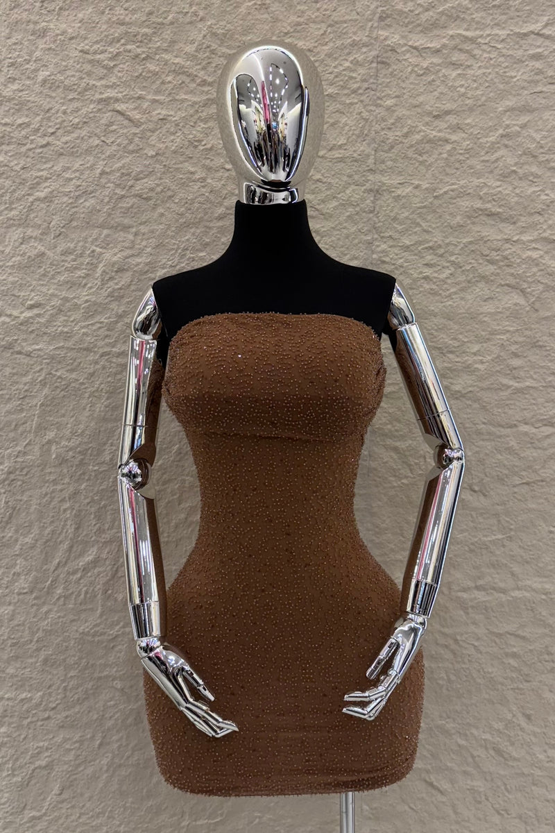 Vestido Strapples Rhinestone Mocha