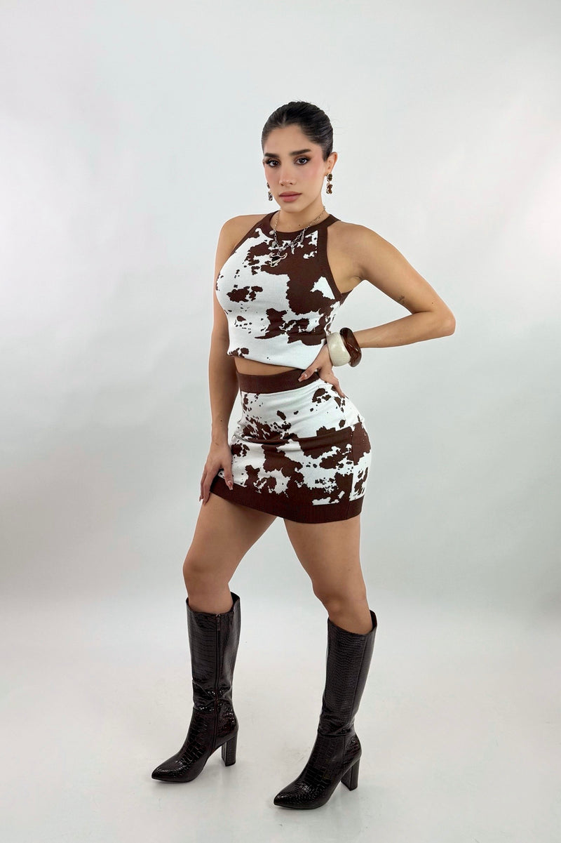 Set Falda Con Top Sweater Print Cow