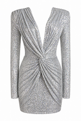 Vestido Plata De Lentejuela Con Hombreras