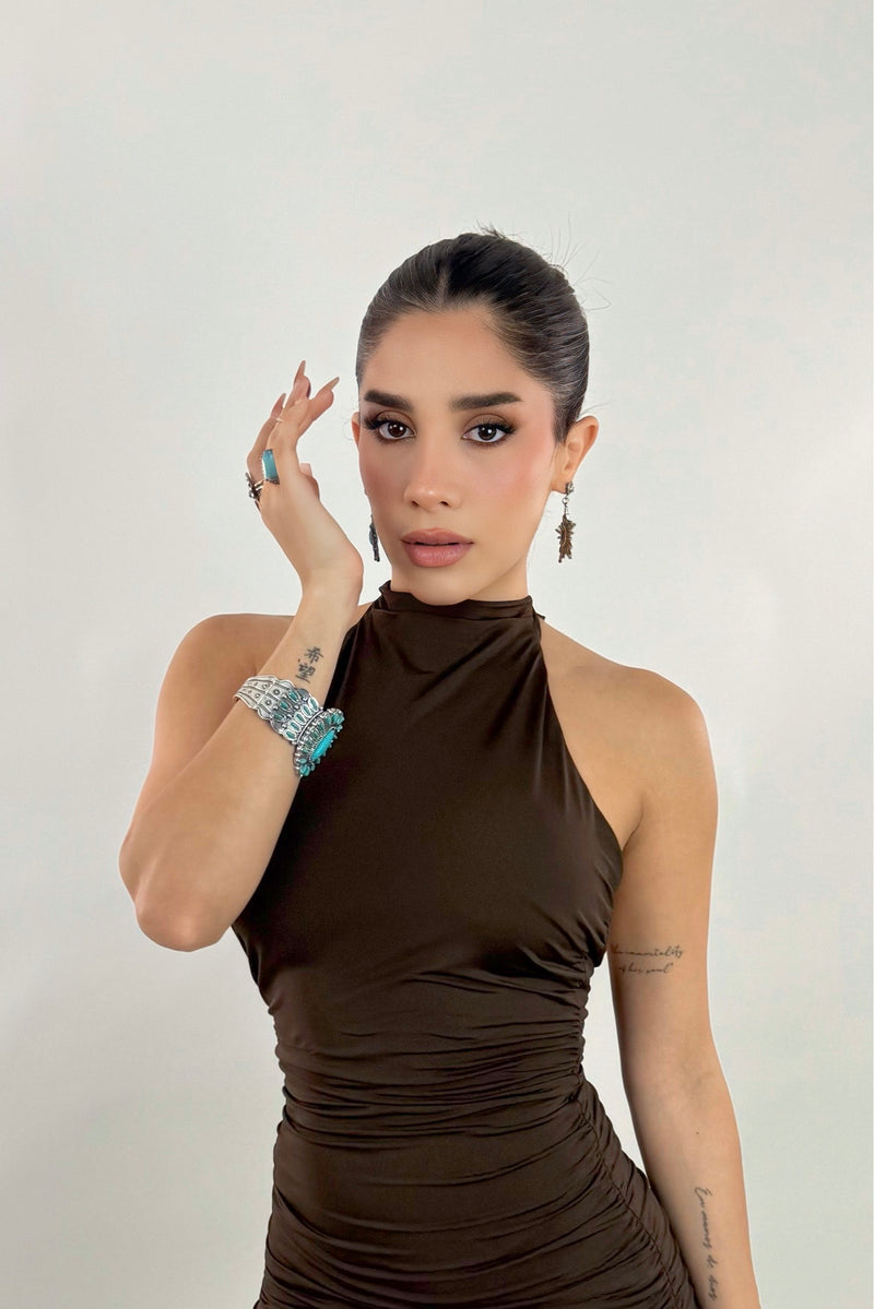 Vestido Halter Corrugado Cafe