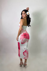 Vestido Midi Strapless Floreado Rosa