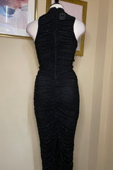 Vestido Midi Ruched Rhinestone Negro