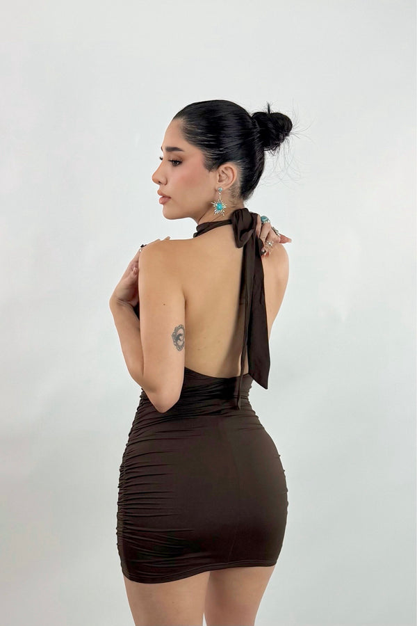 Vestido Halter Corrugado Cafe