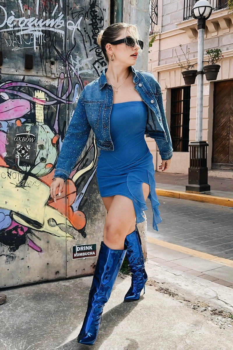 Vestido Strapple Con Olan Azul