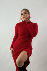 Vestido Midi Manga Larga Tela Punto Rojo