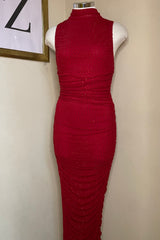 Vestido Midi Ruched Rhinestone Rojo