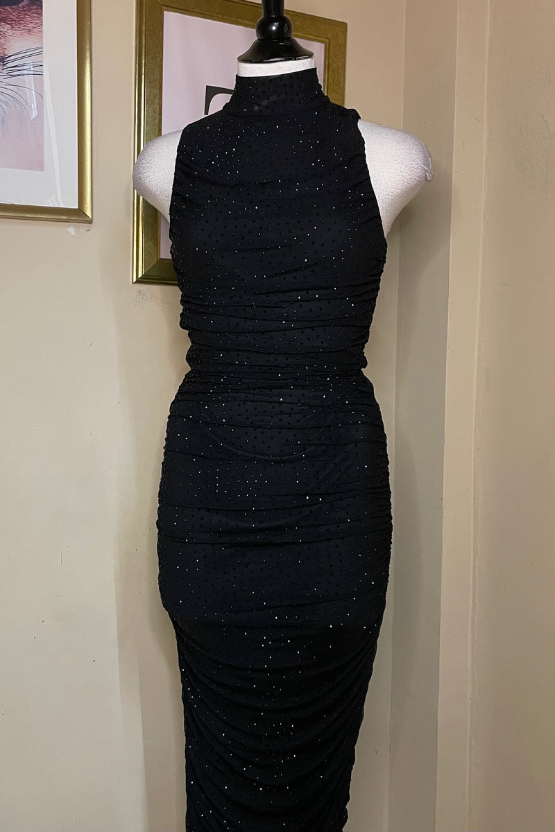 Vestido Midi Ruched Rhinestone Negro