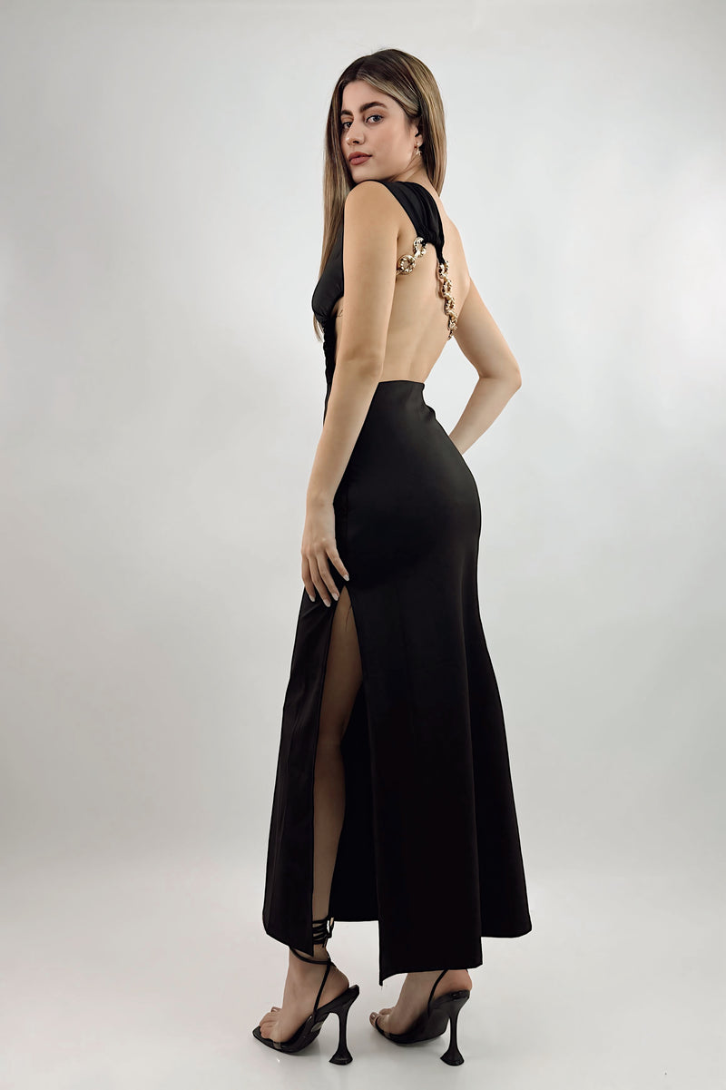 Vestido Midi One Shoulder Negro