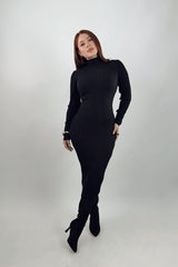 Vestido Midi Tela Punto Manga Larga Negro