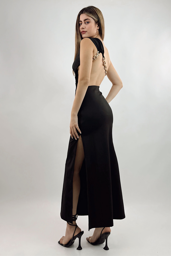 Vestido Midi One Shoulder Negro