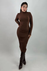 Vestido Midi Tela Punto Manga Larga Cafe