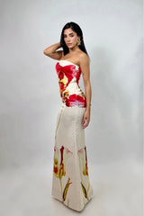 Vestido Largo Satinado Floral Beige