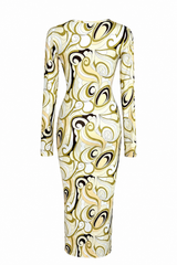 Vestido Midi Print Amarillo Con Cafe