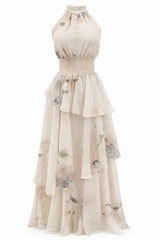 Vestido Largo Floreado Beige