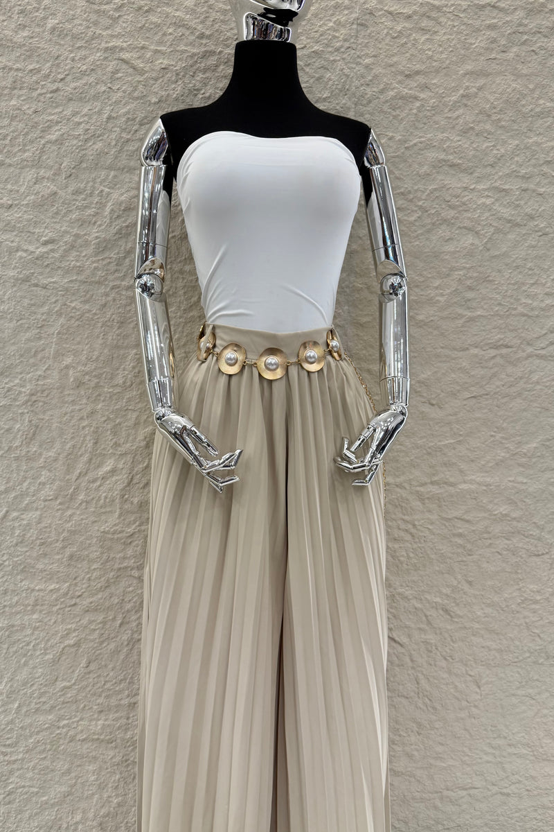 Pantalon Plisado Cinto Beige