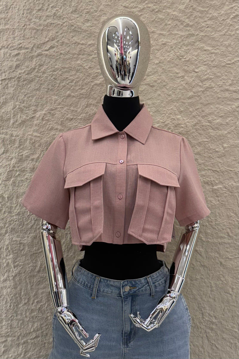 Camisa Manga Corta App de Bolsas Rosa