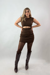 Vestido Corto Abertura Abdomen Cafe