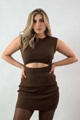 Vestido Corto Abertura Abdomen Cafe