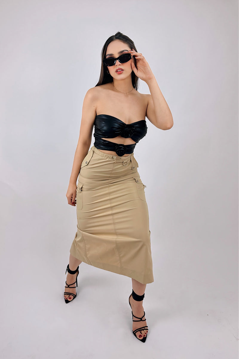 Falda Midi Con Elastico Cargo Beige